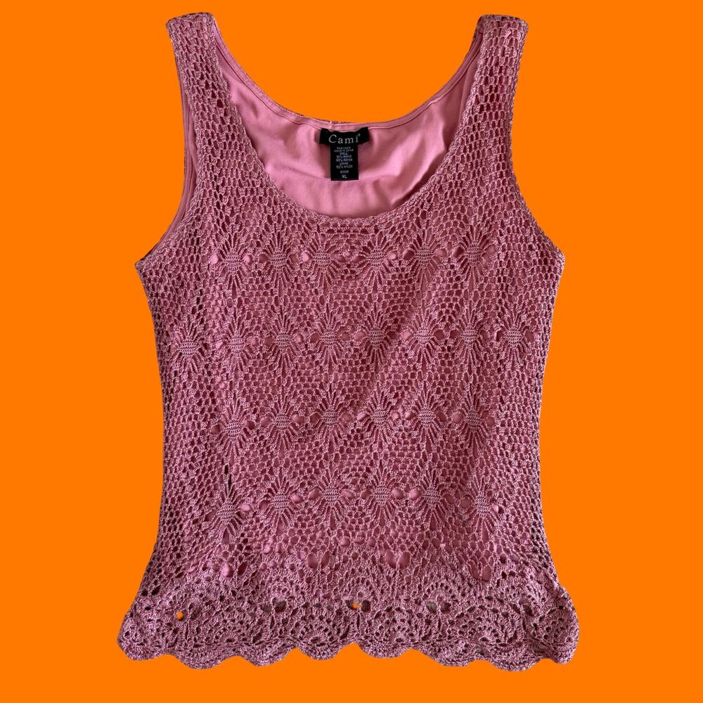 00's vintage pink crochet knit cottagecore coquette y2k tank top XL